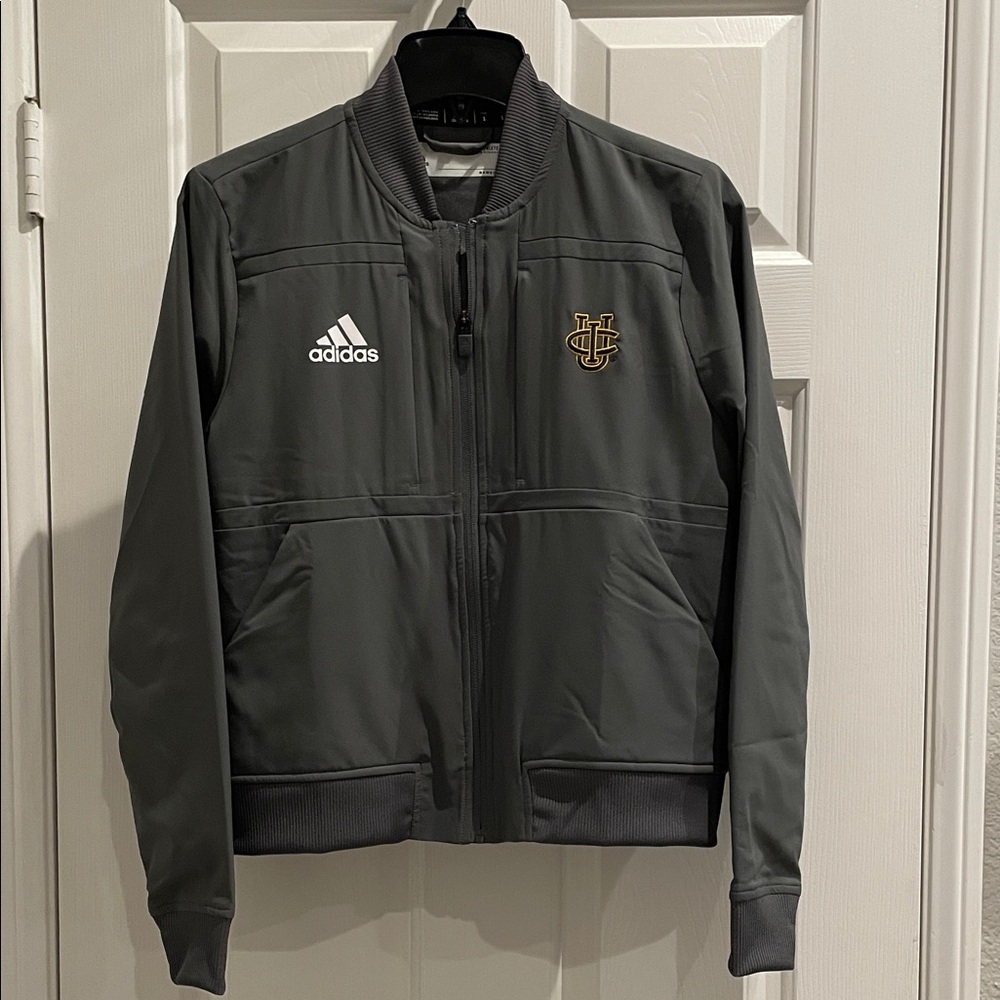 Gray adidas jacket with UC Irvine athletics logo embroidery unisex adult small